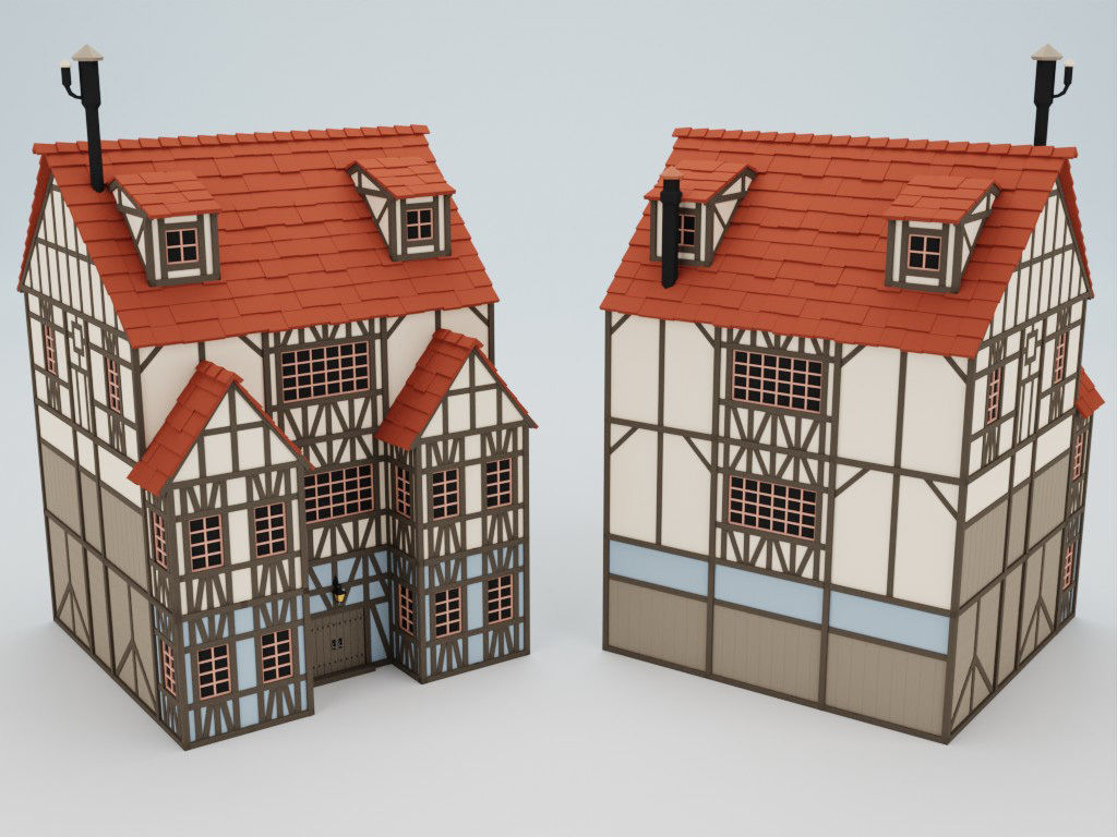 Lowpoly modular fachwerk houses Low-poly 3D model_5