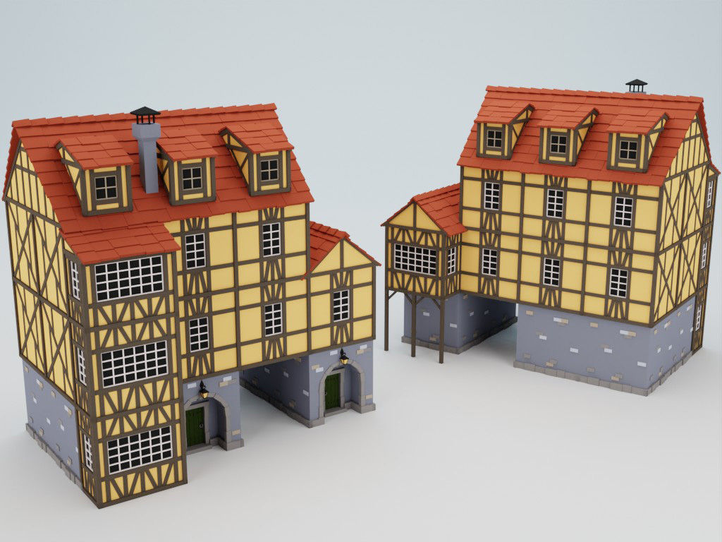 Lowpoly modular fachwerk houses Low-poly 3D model_7