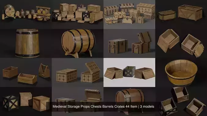 Medieval Storage Props Chests Barrels Crates 44 Item 3D Model Collection