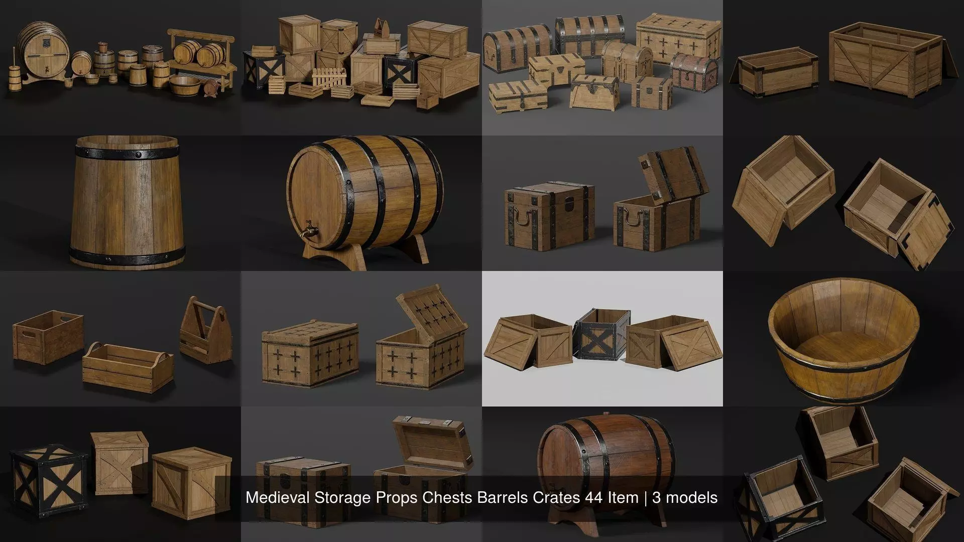 3D Model Pack Medieval Storage Props Chests Barrels Crates 44 Item VR ...