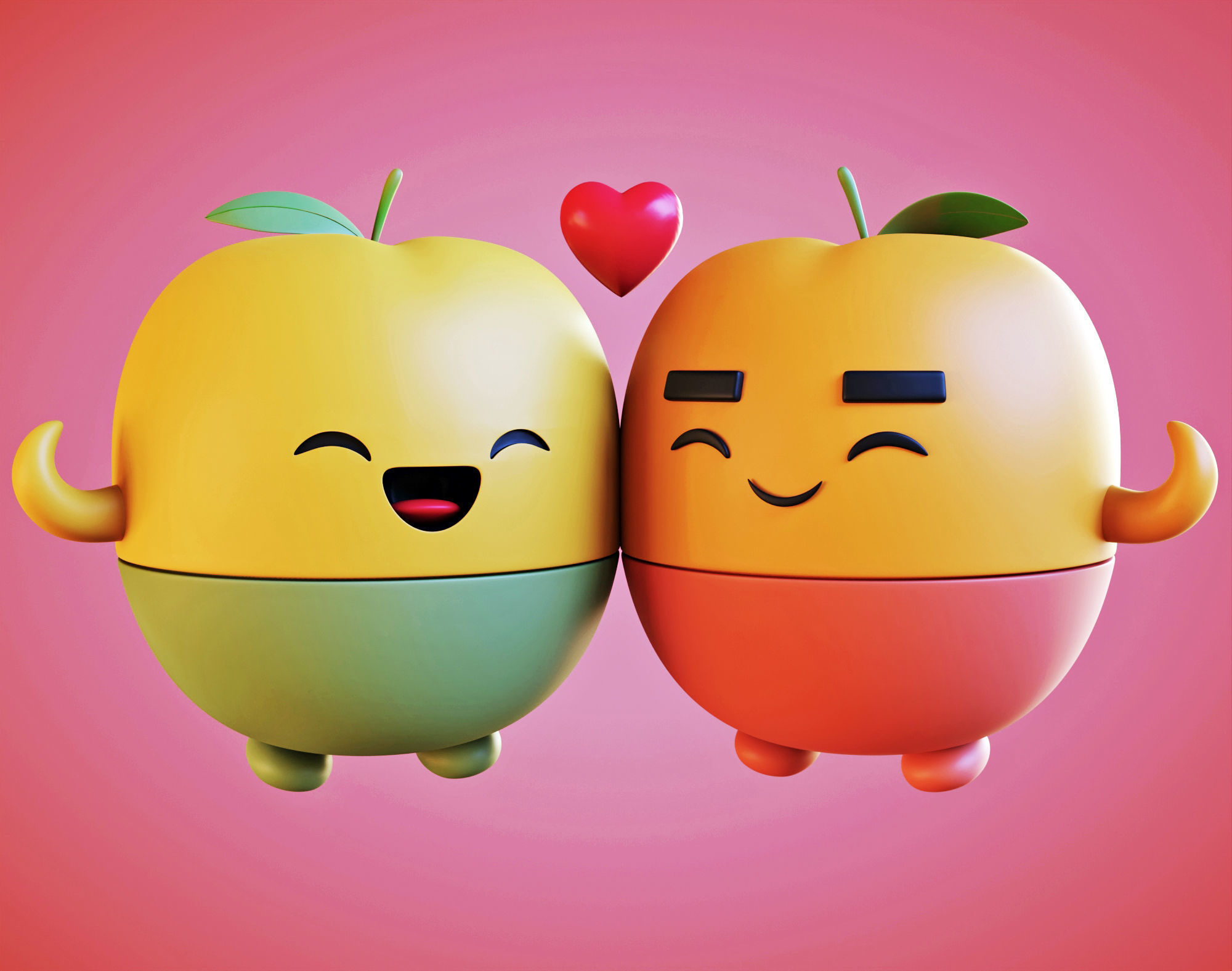 Cute Fruits in Love- A 3D Model of a Charming Couple Free low-poly 3D model_9