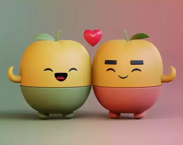 Cute Fruits in Love- A 3D Model of a Charming Couple Free low-poly 3D model