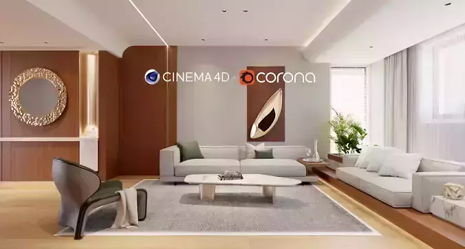 02- Modern Livingroom Interior scene - C4D and Corona Renderer 