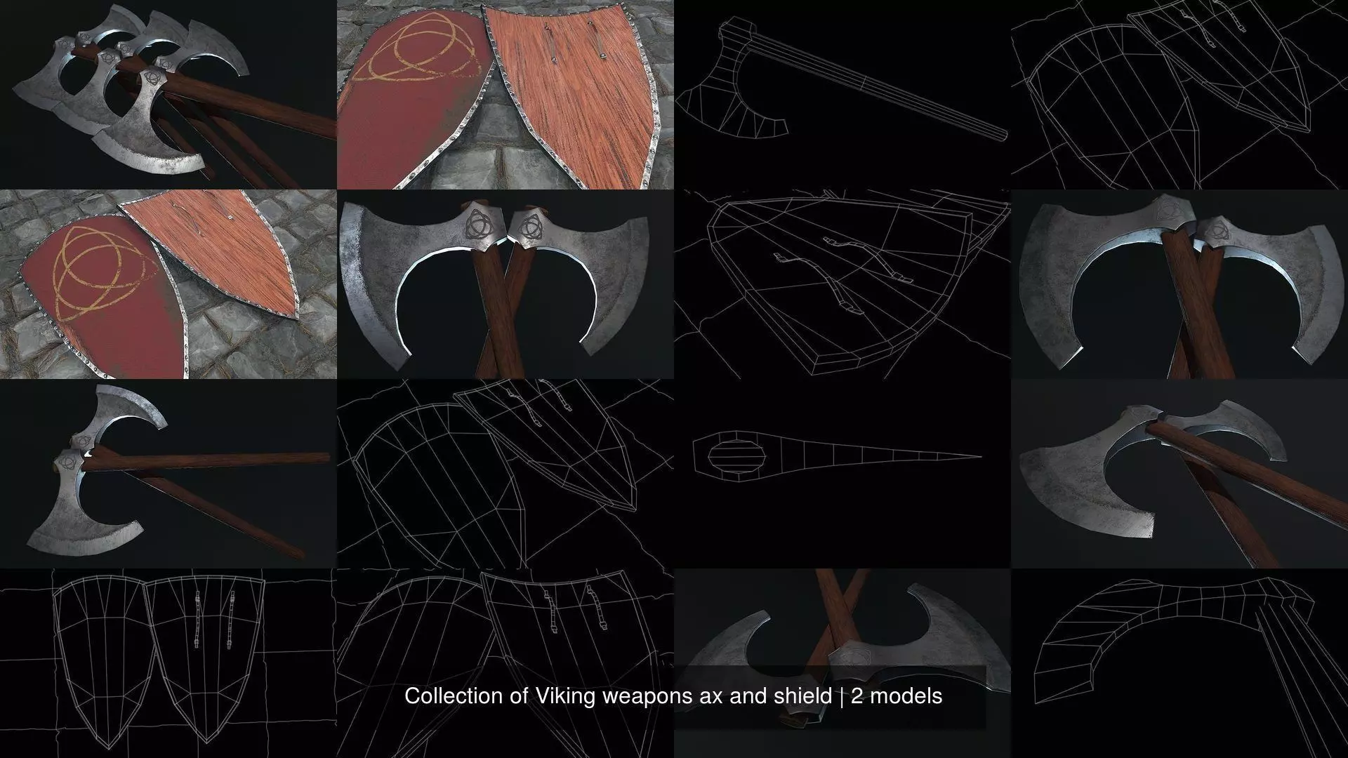 Collection of Viking weapons ax and shield _0