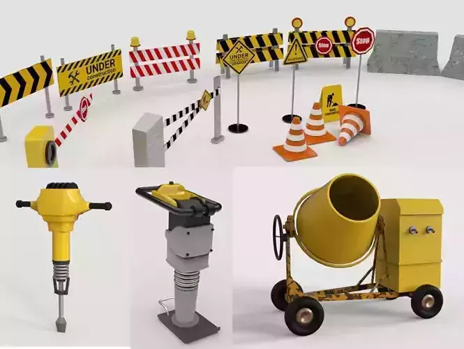 Game Ready road Construction tools kit Low-poly 3D model