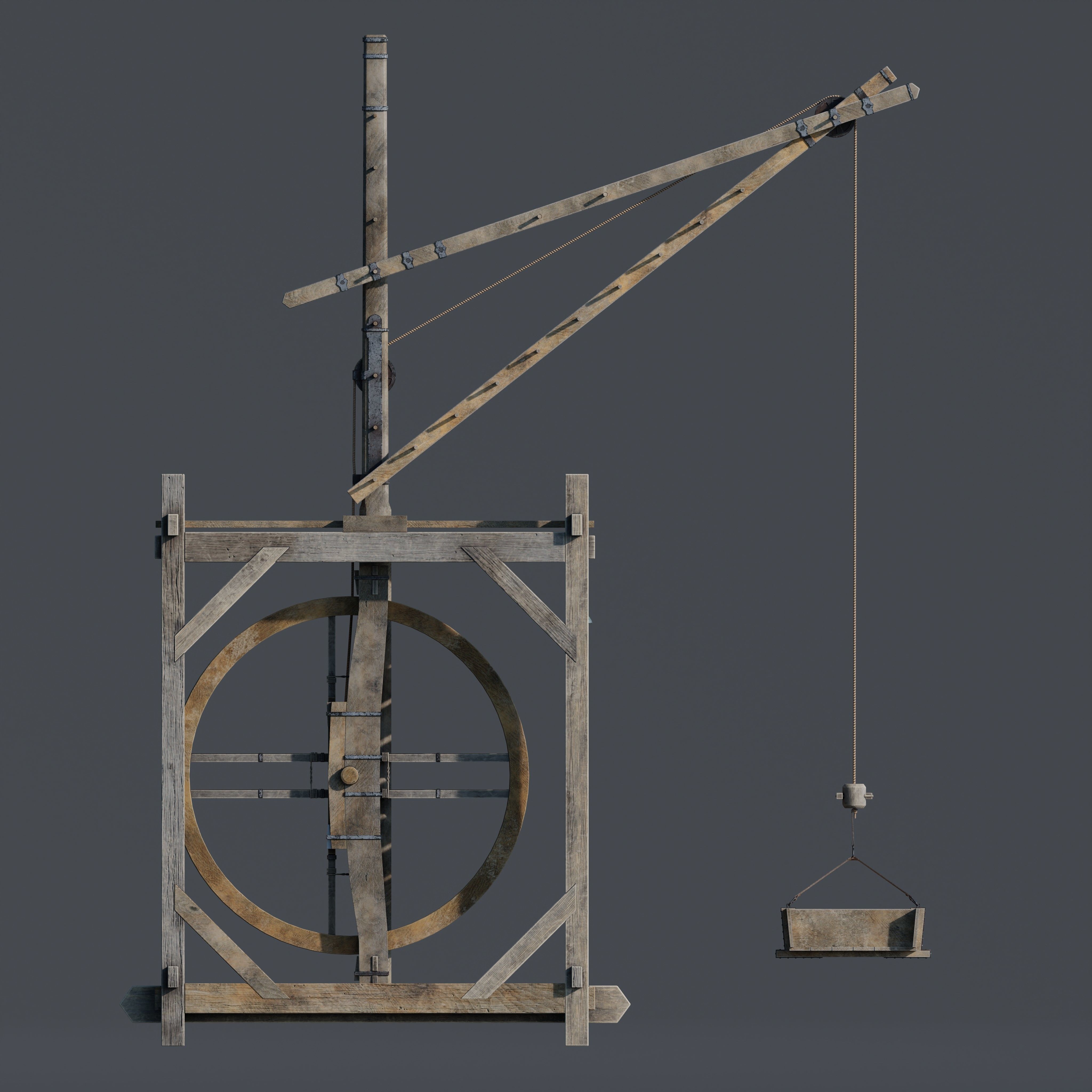 Medieval treadwheel crane Low-poly 3D model_1