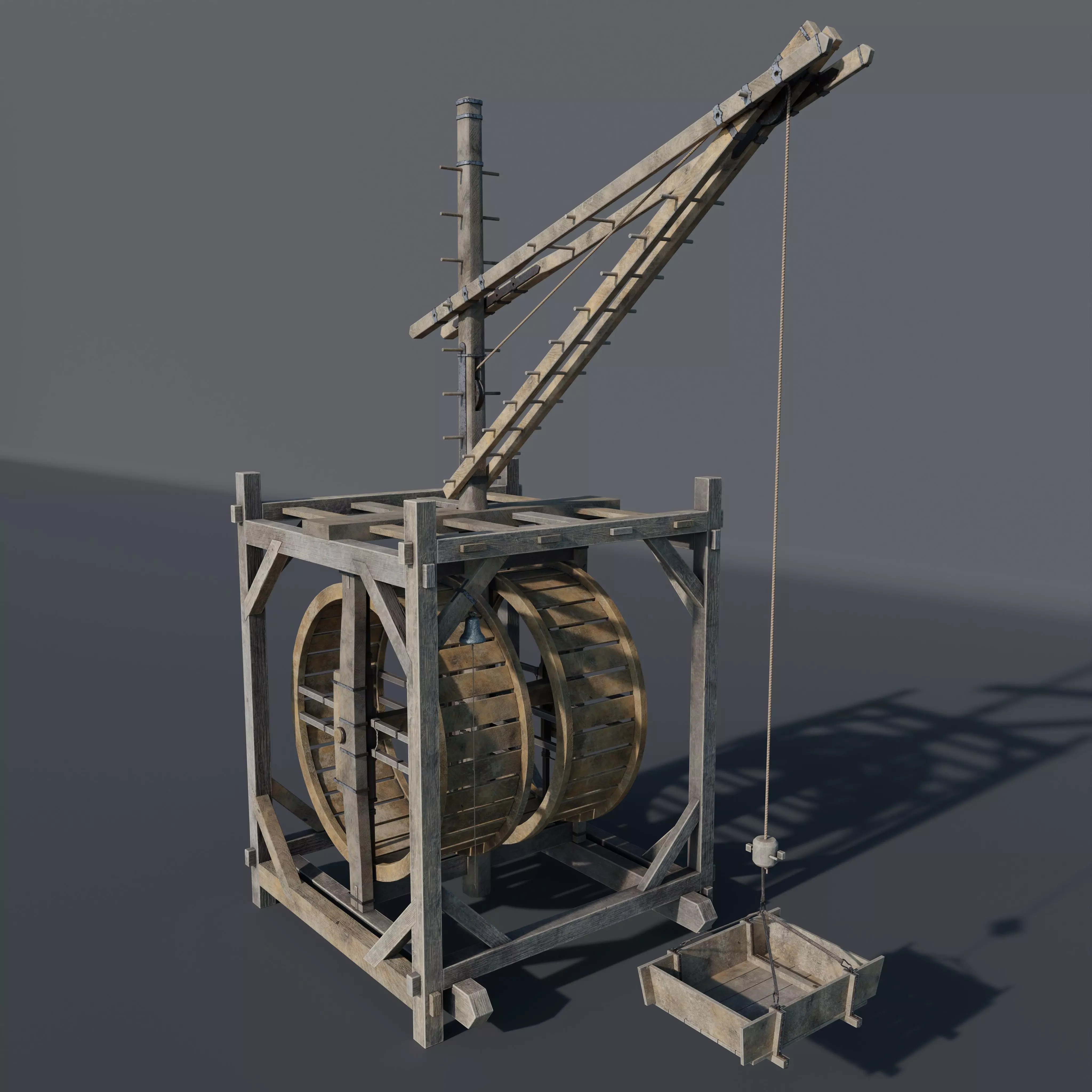 Medieval treadwheel crane Low-poly 3D model_0