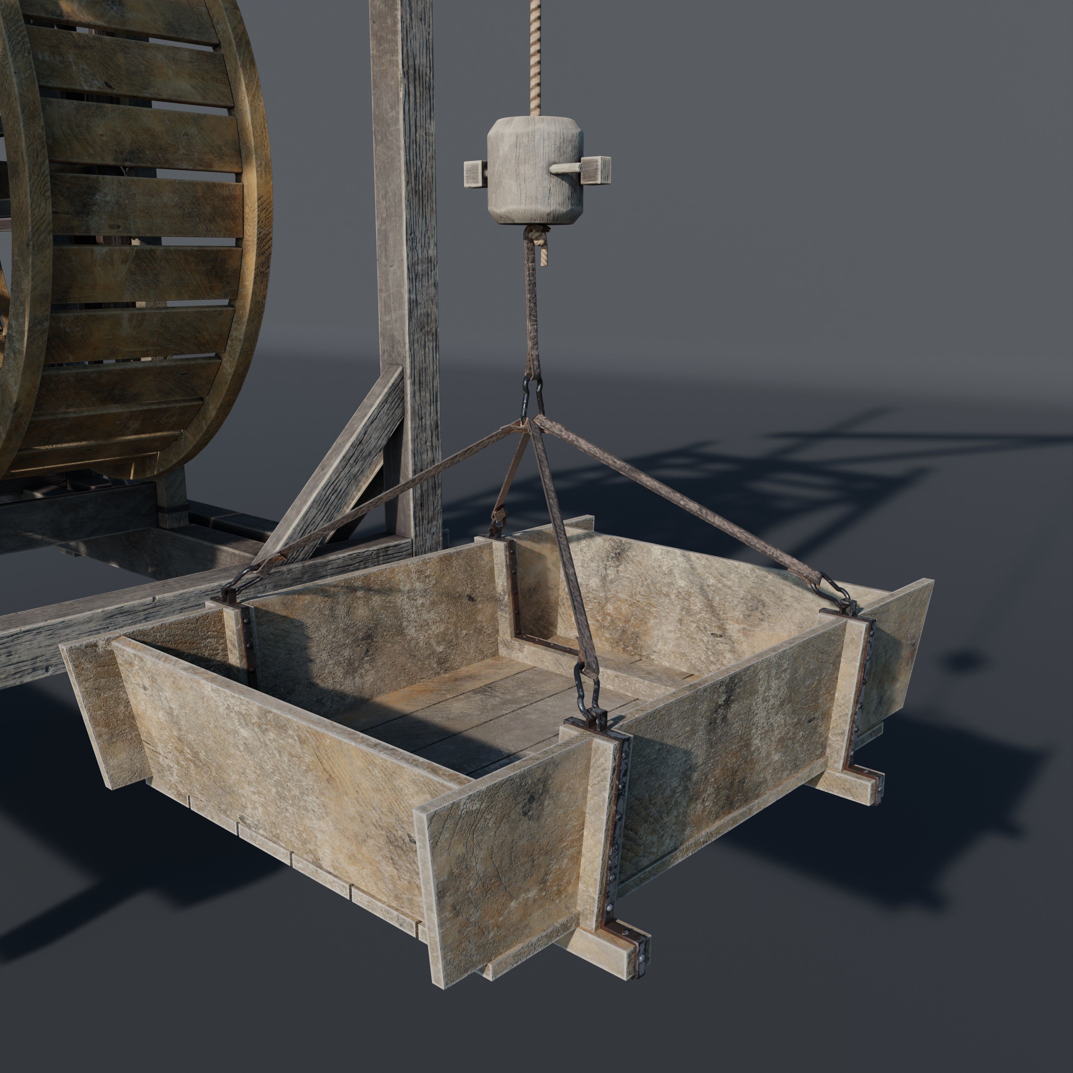 Medieval treadwheel crane Low-poly 3D model_4