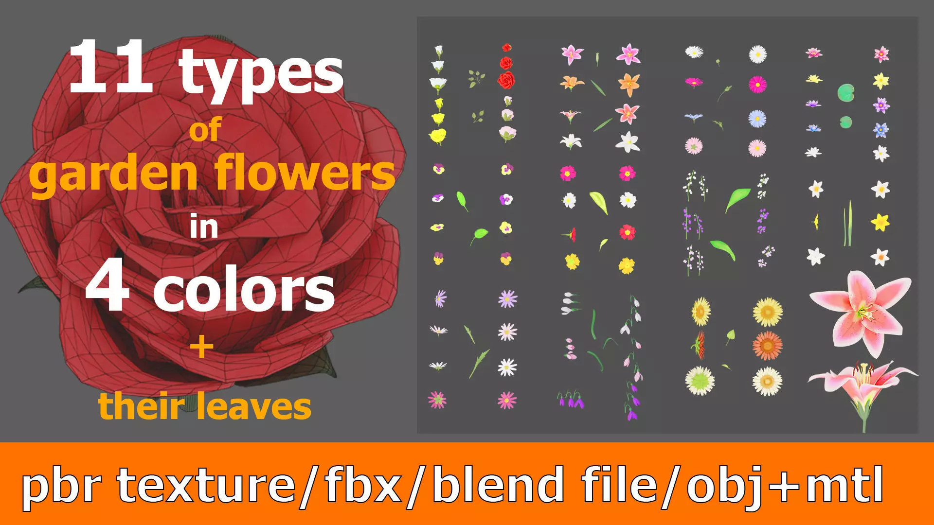 11 TYPE OF GARDEN FLOWERS with leaves Low-poly 3D model_0