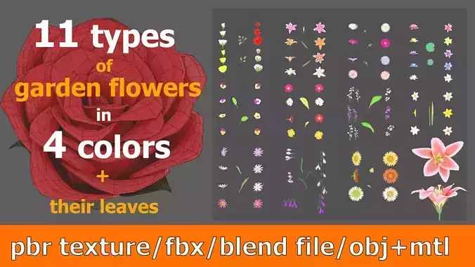 11 TYPE OF GARDEN FLOWERS with leaves Low-poly 3D model