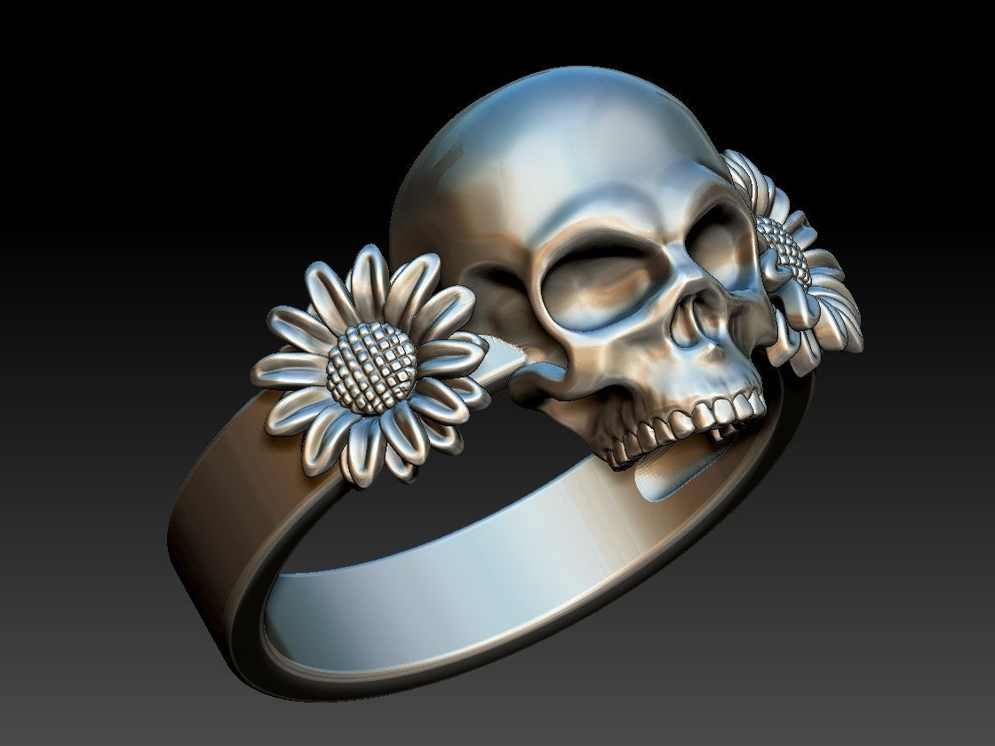 Sunflower Skull Ring  3D print model_12