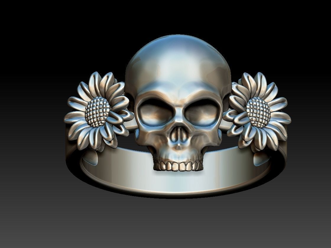 Sunflower Skull Ring  3D print model_4