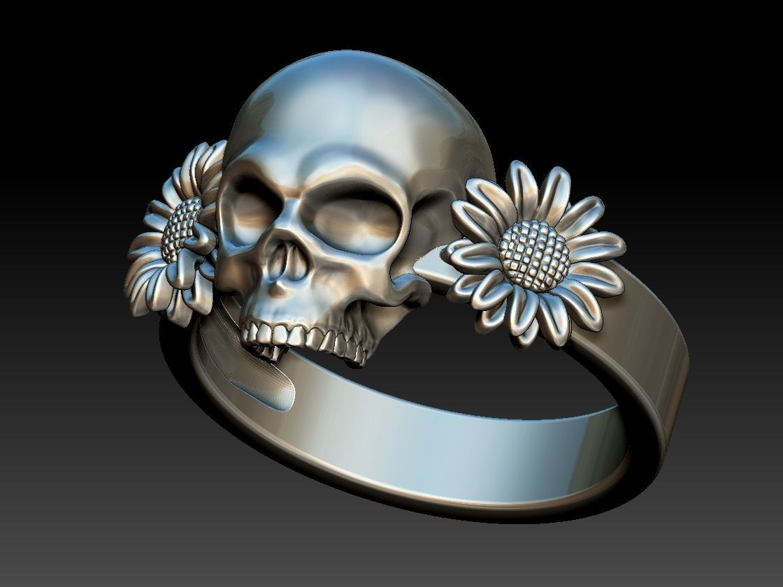Sunflower Skull Ring  3D print model_1