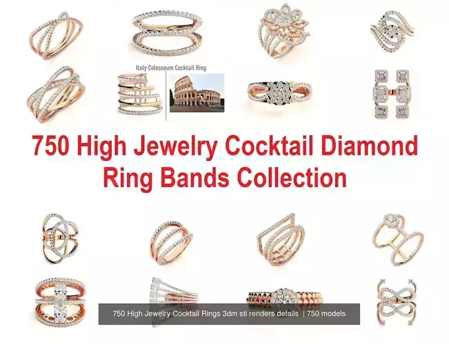 750 High Jewelry Cocktail Rings 3dm stl renders details  3D Model Collection