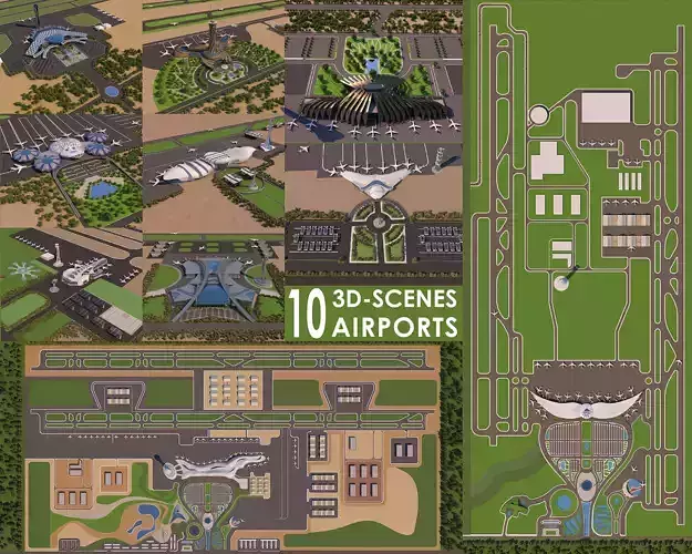10 Full Scenes Projects - Architecture Airports - Big Bundle 3D Model Collection