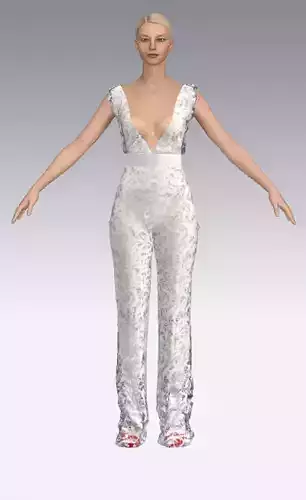 Jump suit lace white cotton matte fabric degaje neckline look