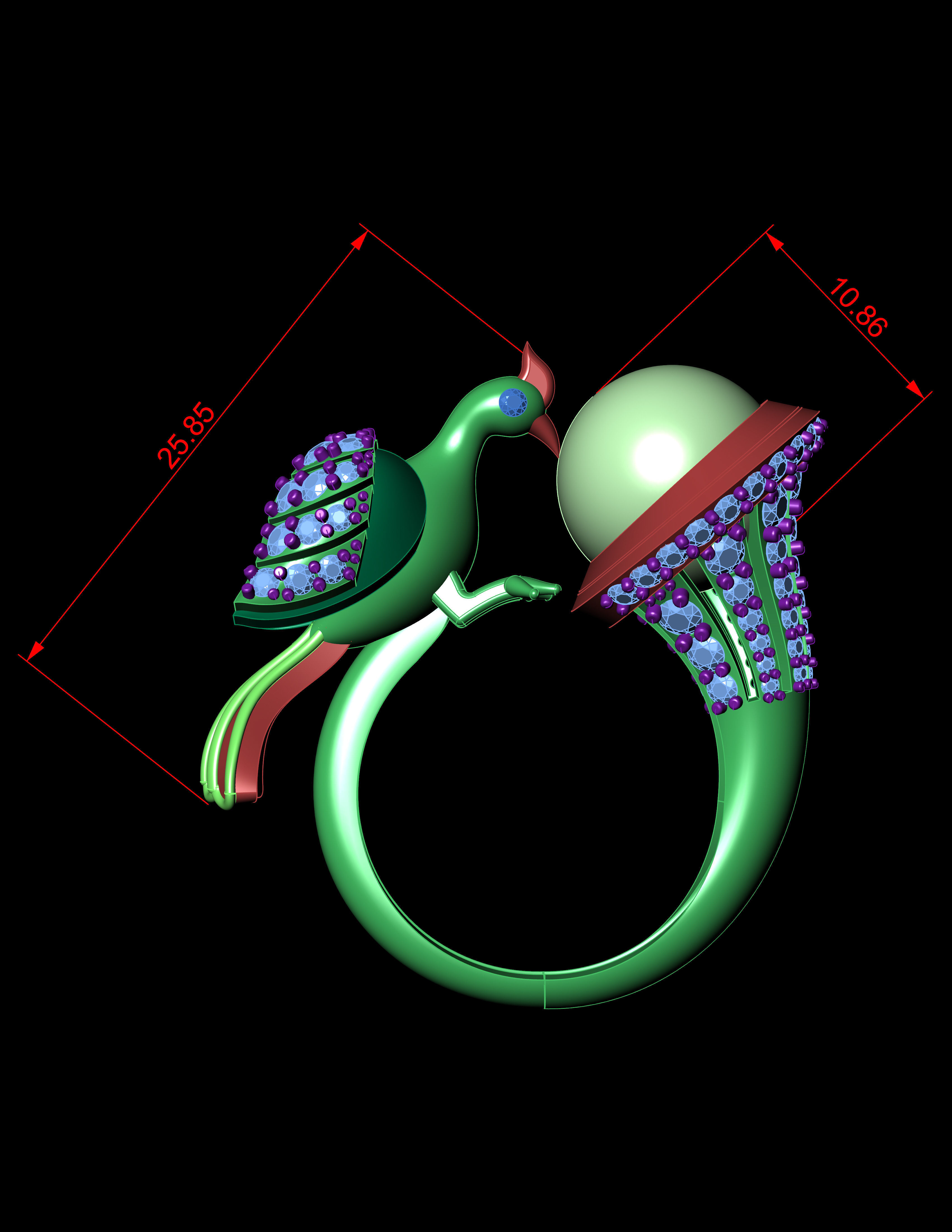 Peacock With Pearl Ring with Daimonds 3D printable Ring 3D print model_8