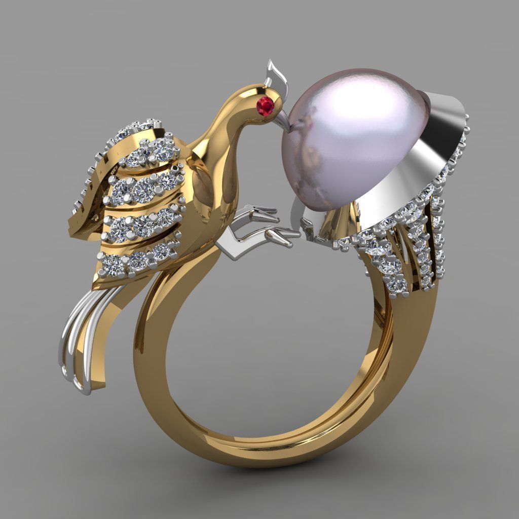 Peacock With Pearl Ring with Daimonds 3D printable Ring 3D print model_1