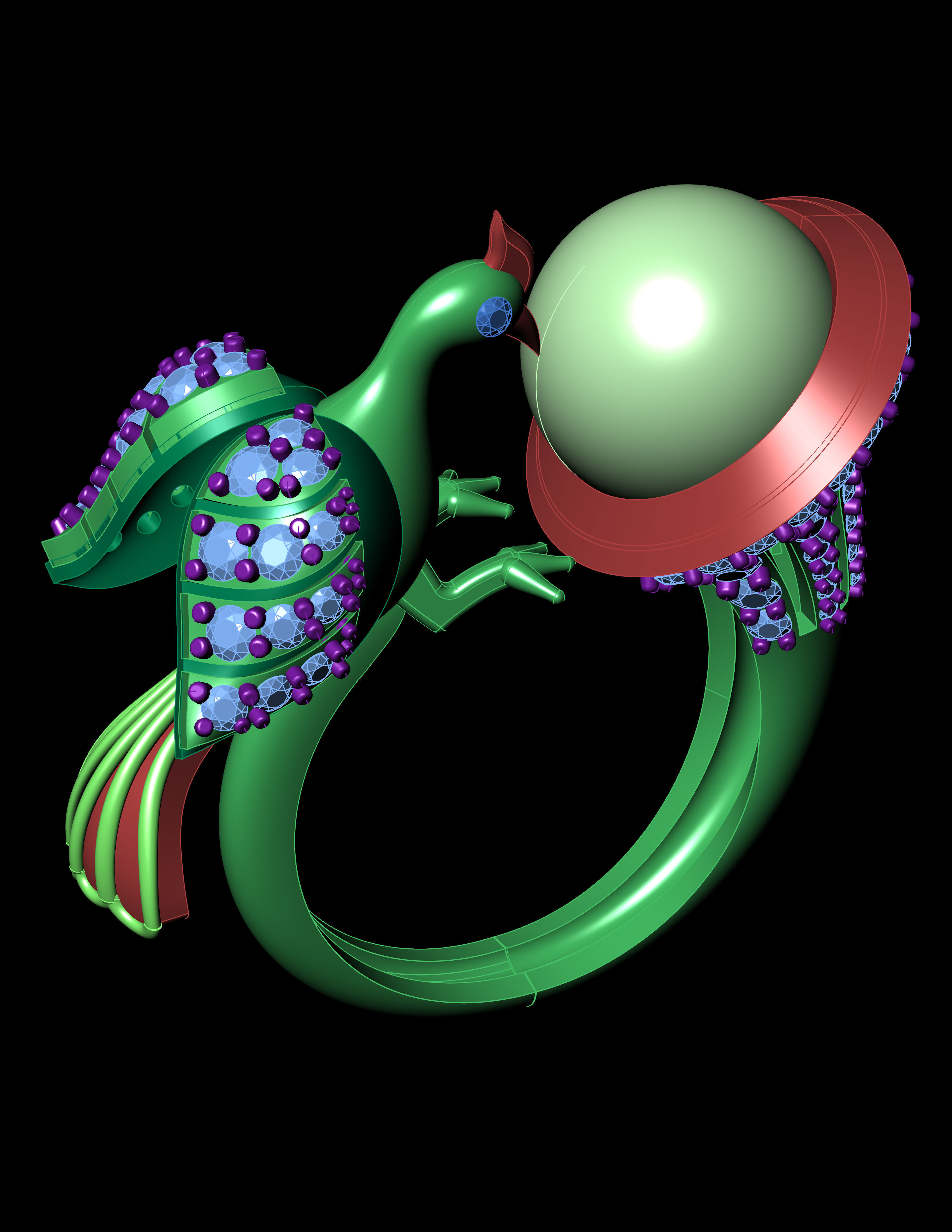 Peacock With Pearl Ring with Daimonds 3D printable Ring 3D print model_11