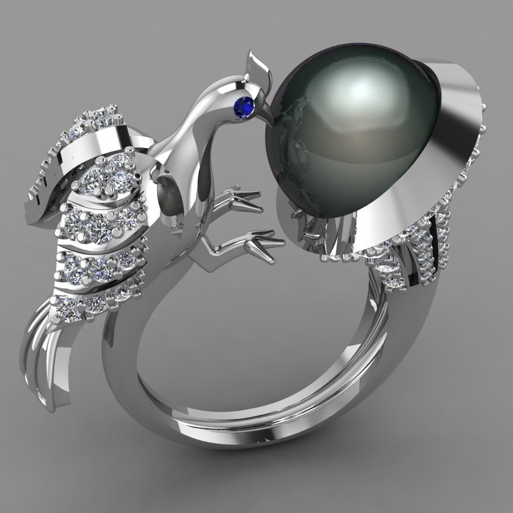 Peacock With Pearl Ring with Daimonds 3D printable Ring 3D print model_6