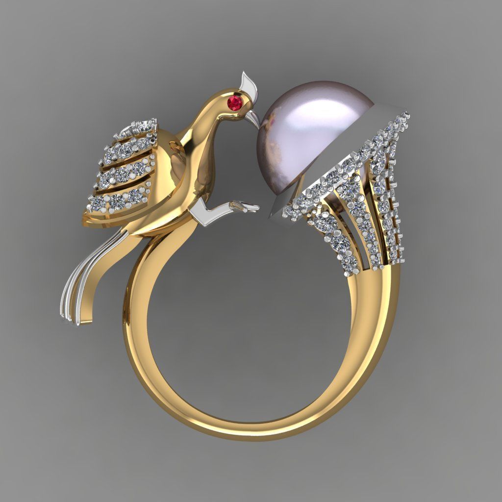 Peacock With Pearl Ring with Daimonds 3D printable Ring 3D print model_7