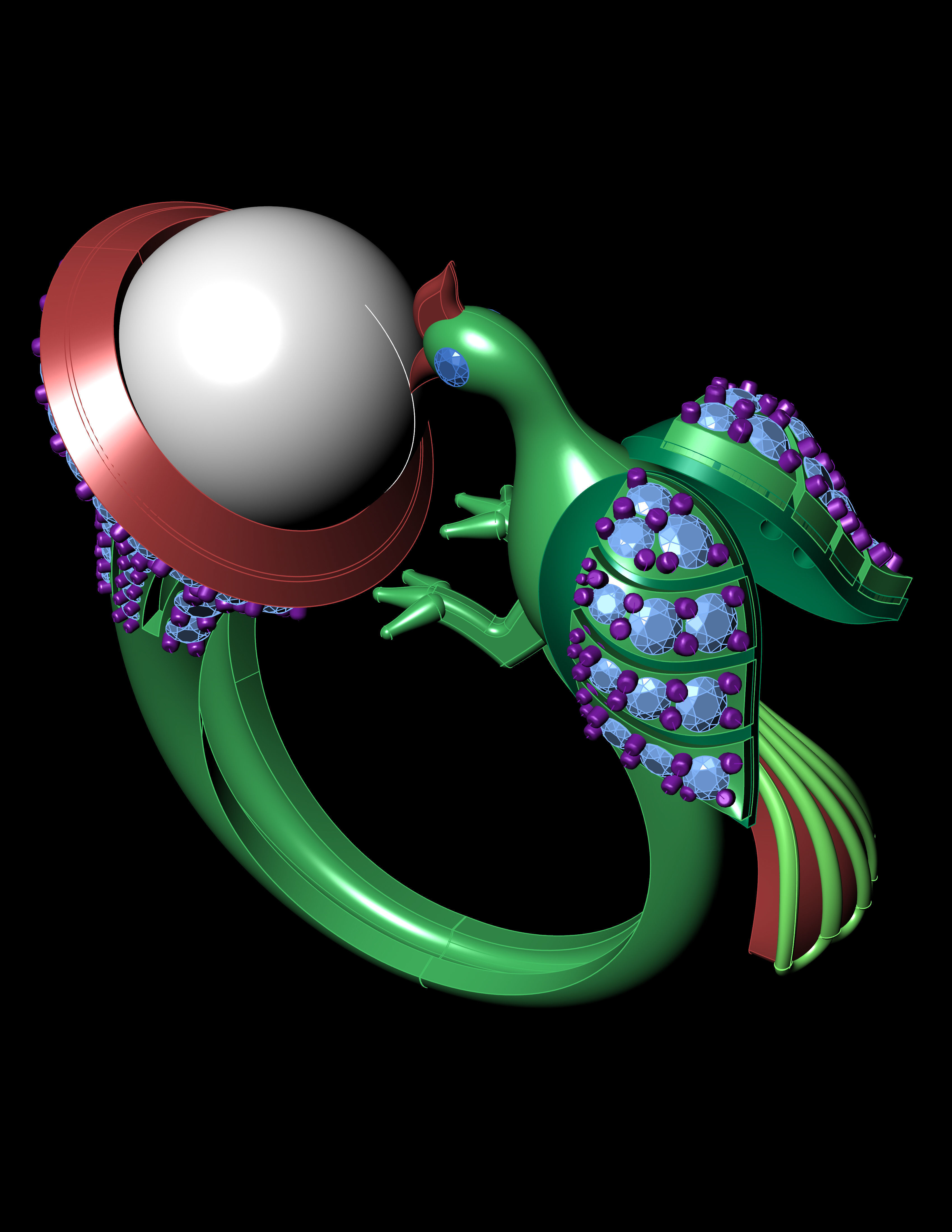 Peacock With Pearl Ring with Daimonds 3D printable Ring 3D print model_12