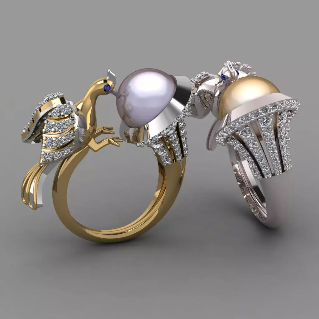 Peacock With Pearl Ring with Daimonds 3D printable Ring 3D print model_0