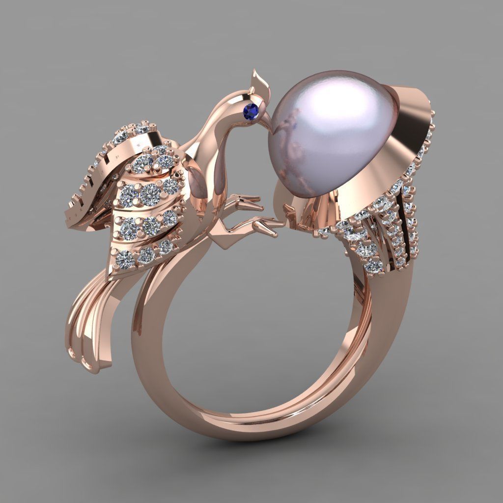 Peacock With Pearl Ring with Daimonds 3D printable Ring 3D print model_2