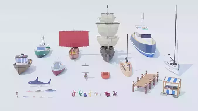 Pack Sea Low-Poly Low-poly 3D model