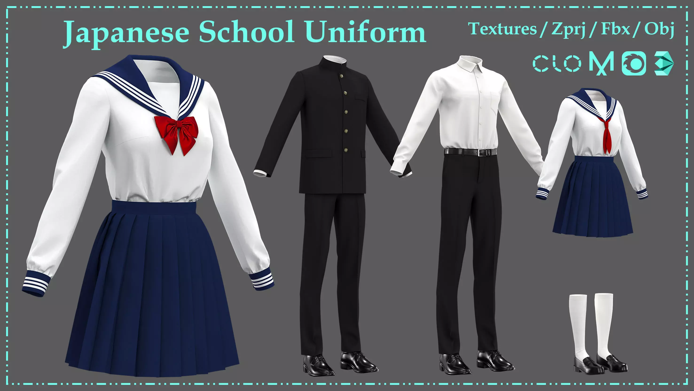 Japanese School Uniform for Male and Female 3D model_0