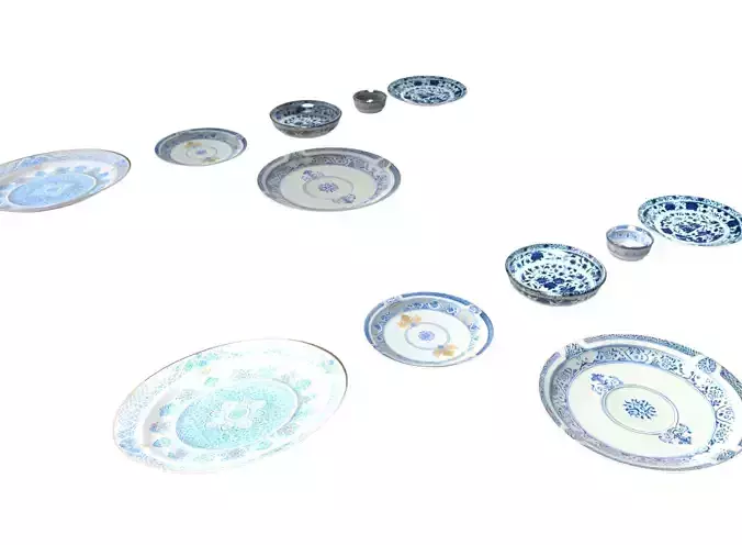 6Pics Realistic blue and white porcelain dinner plate lowpoly 