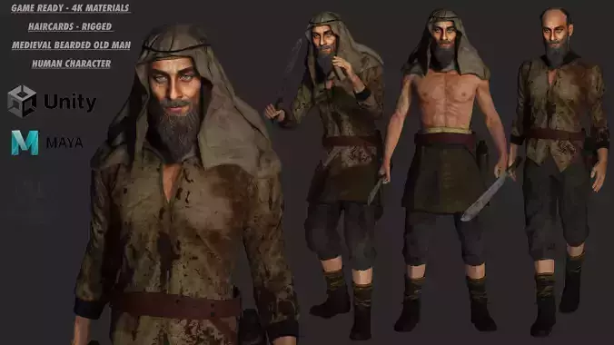 3D REALISTIC MALE CHARACTER - MEDIEVAL BEARDED OLD MAN 01 