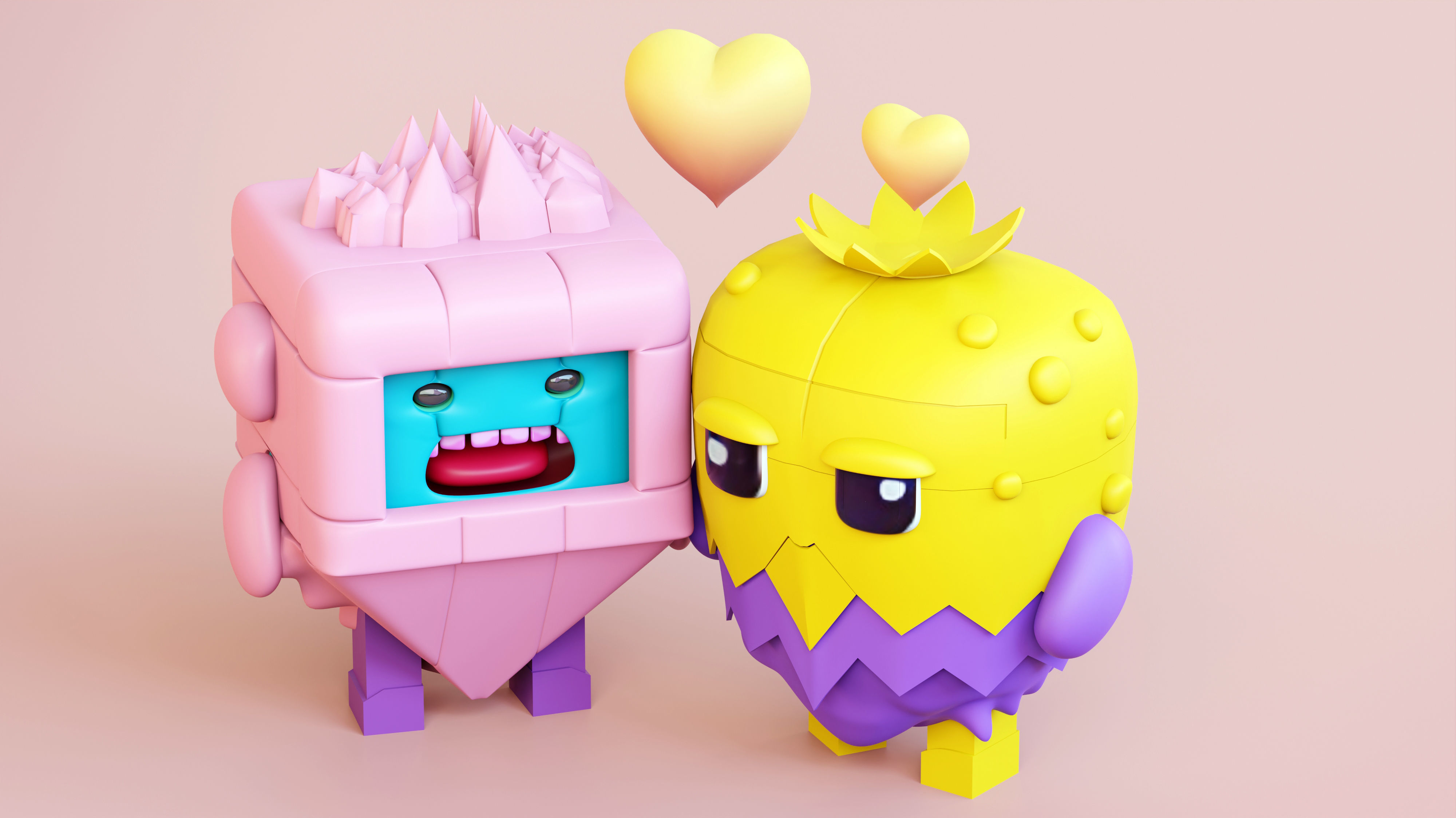 Cute Monster Couple Emoji Low-poly 3D model_6