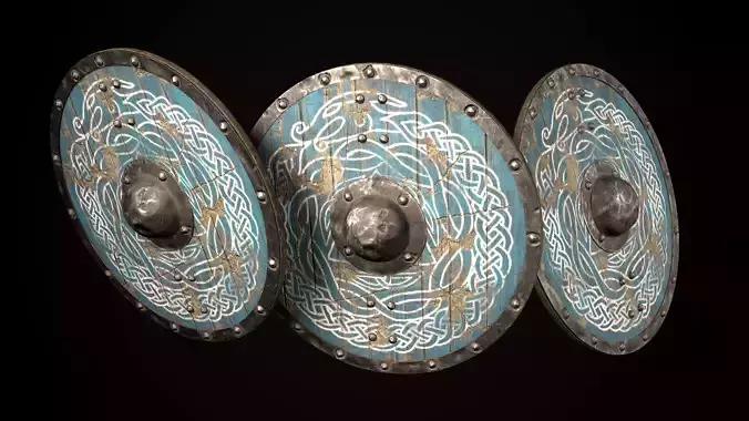 Medieval viking round shield with Midgard serpent Game ready Low-poly 3D model