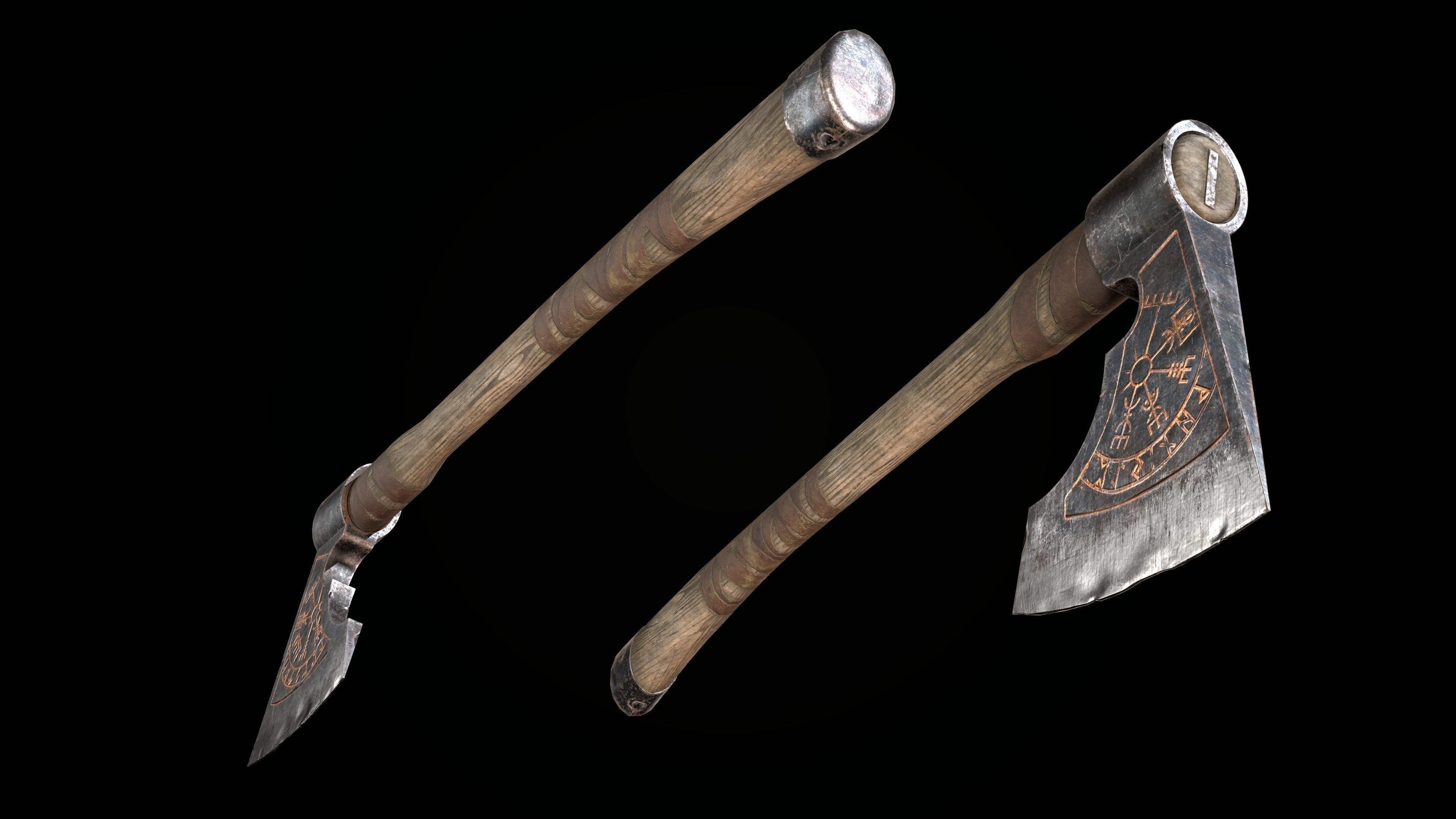 Viking axe and shield with geometric ornament Low-poly 3D model_7