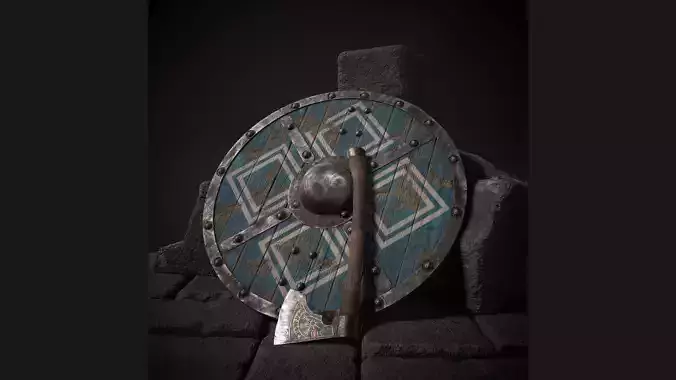 Viking axe and shield with geometric ornament