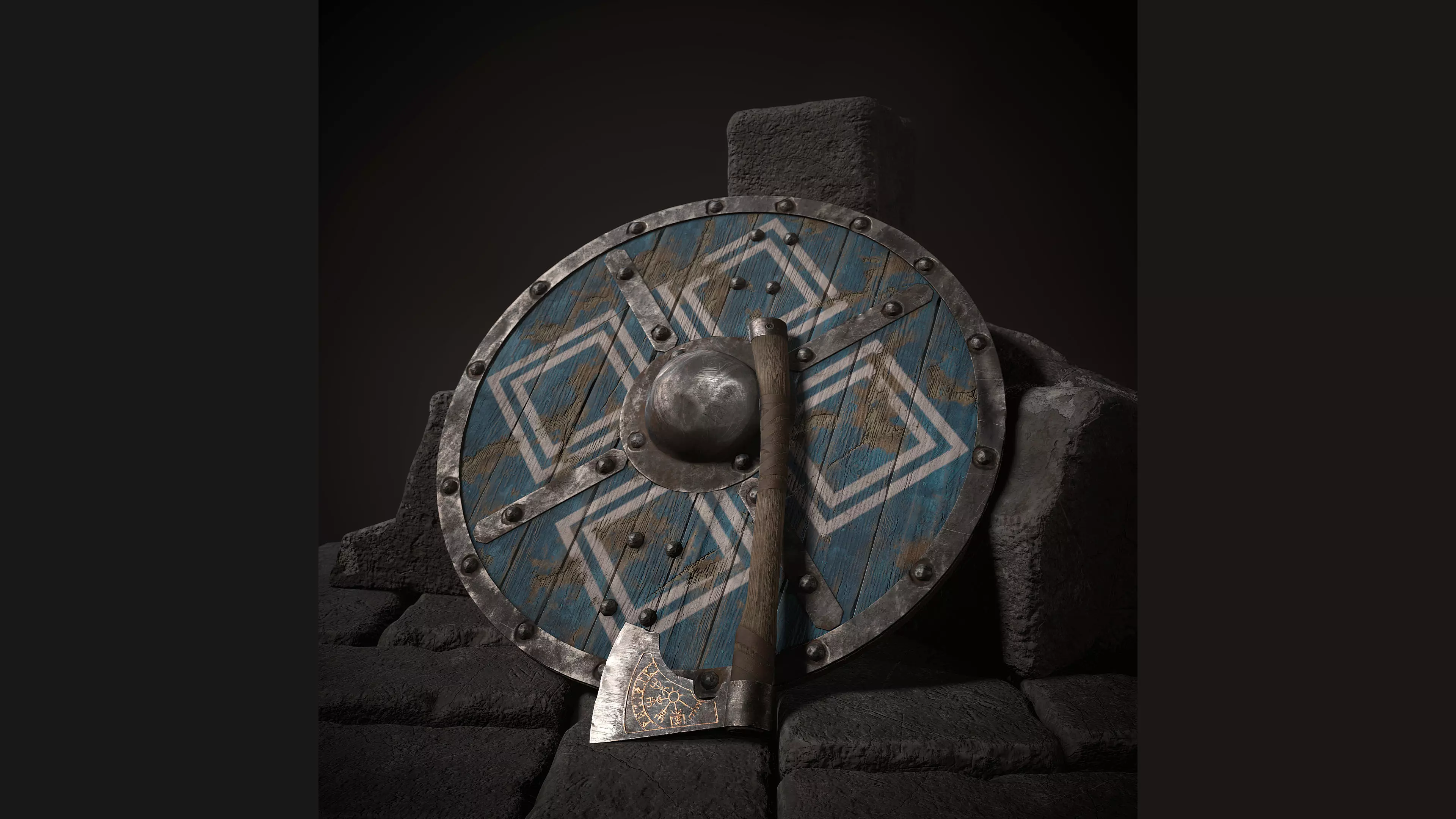 Viking axe and shield with geometric ornament Low-poly 3D model_0