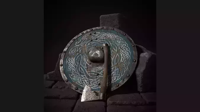 Viking axe and shield with Midgard serpent