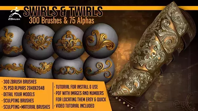 Swirls and Twirls 300 ZBrush Brushes And 75 Alphas 3D model