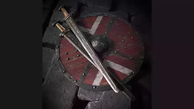 Viking sword and shield with simple ornament
