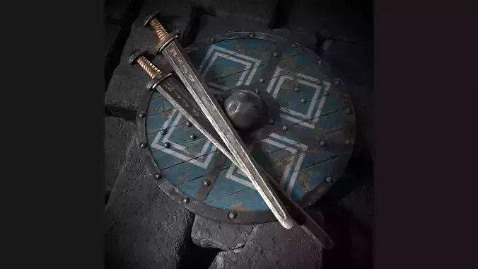 Viking sword and shield with geometric ornament