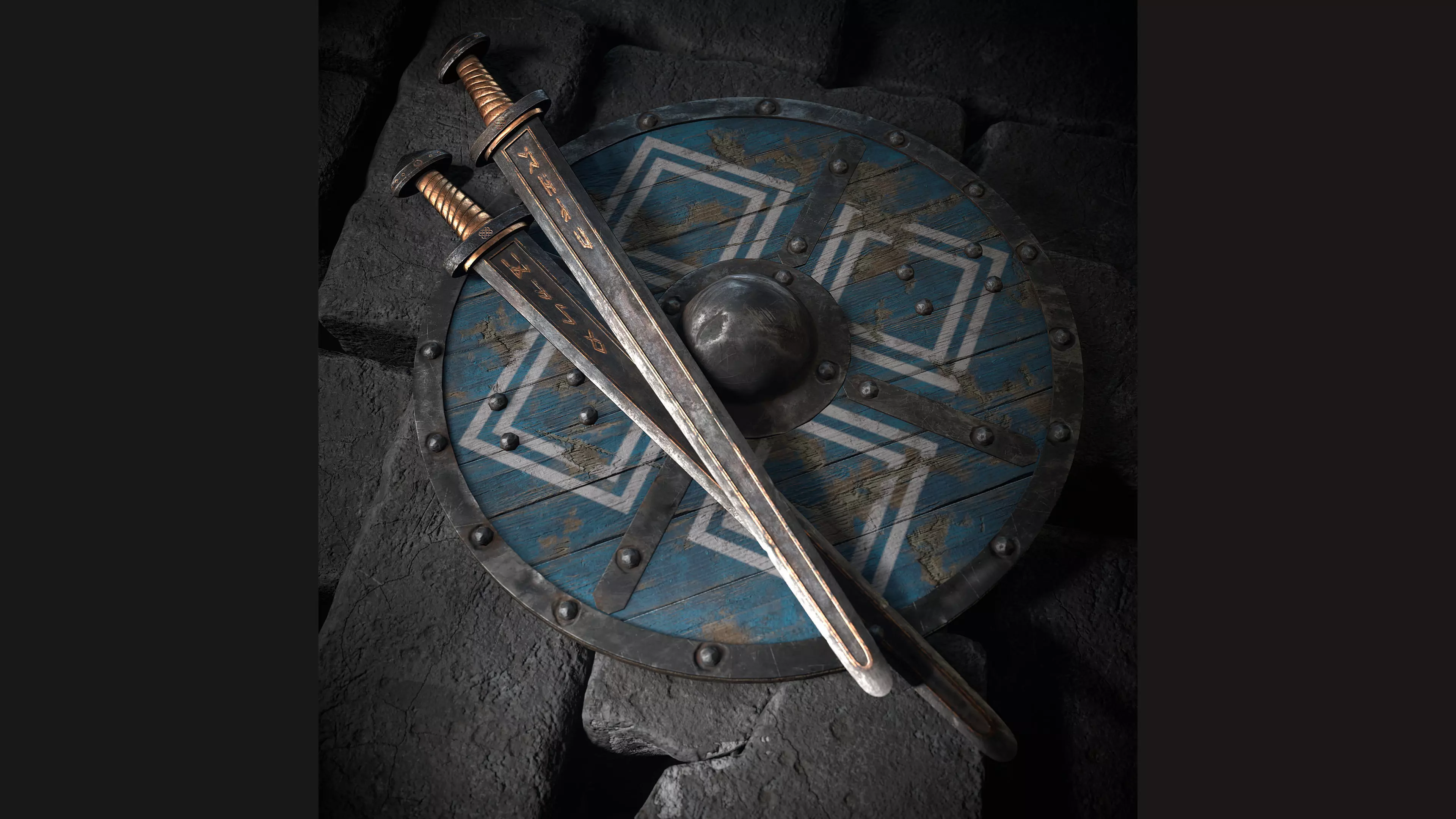Viking sword and shield with geometric ornament Low-poly 3D model