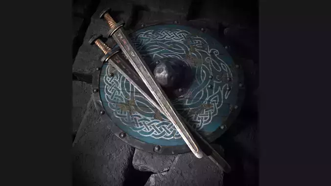 Viking sword and shield with Midgard serpent