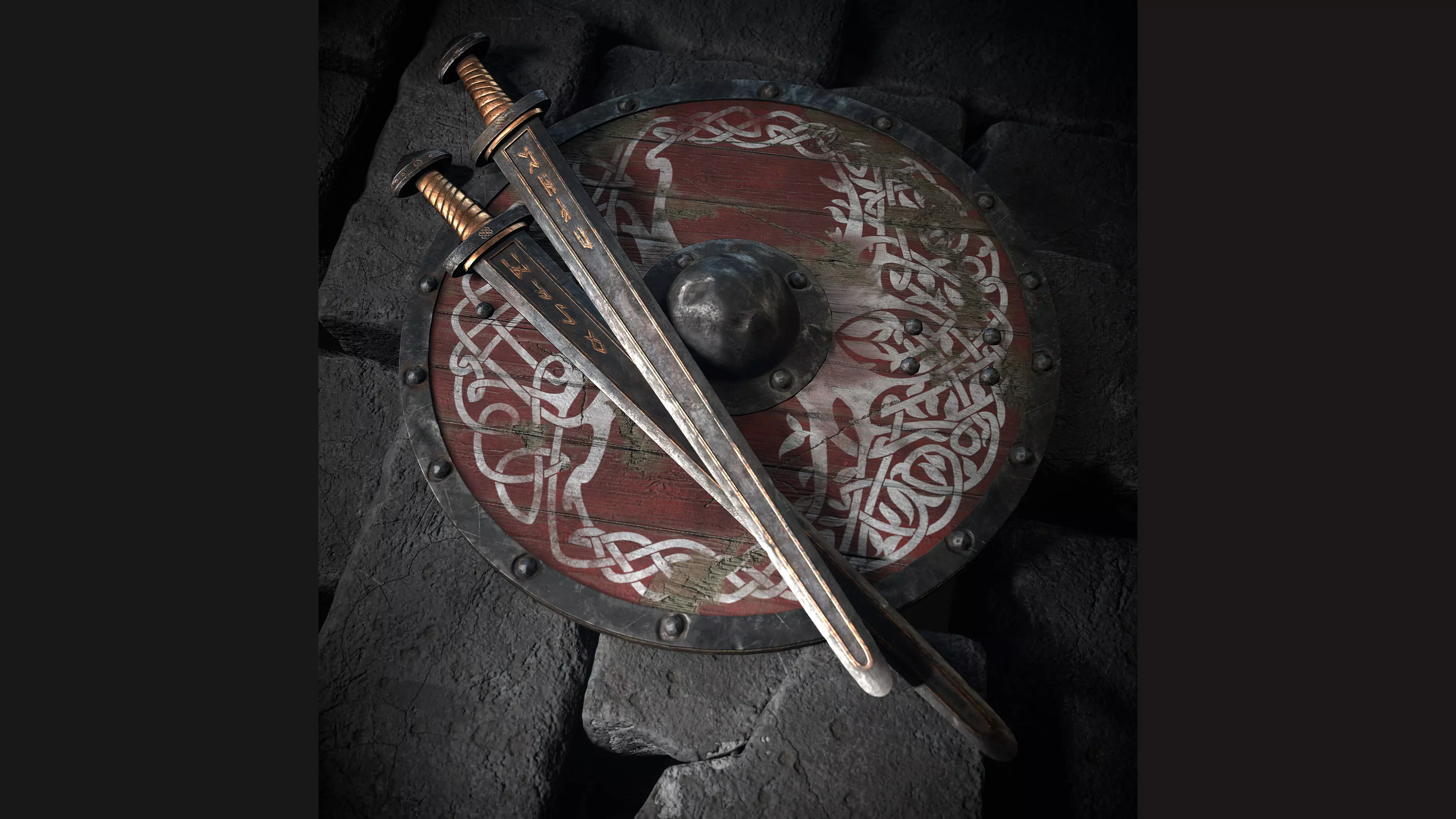 Viking sword and shield with Yggdrasil Low-poly 3D model_0