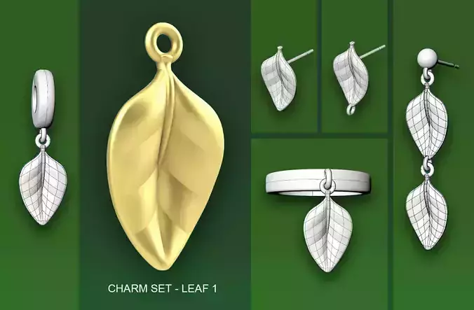 Leaf Charm Set - Leaf Charm for Ring Earrings Bracelet 3D print model