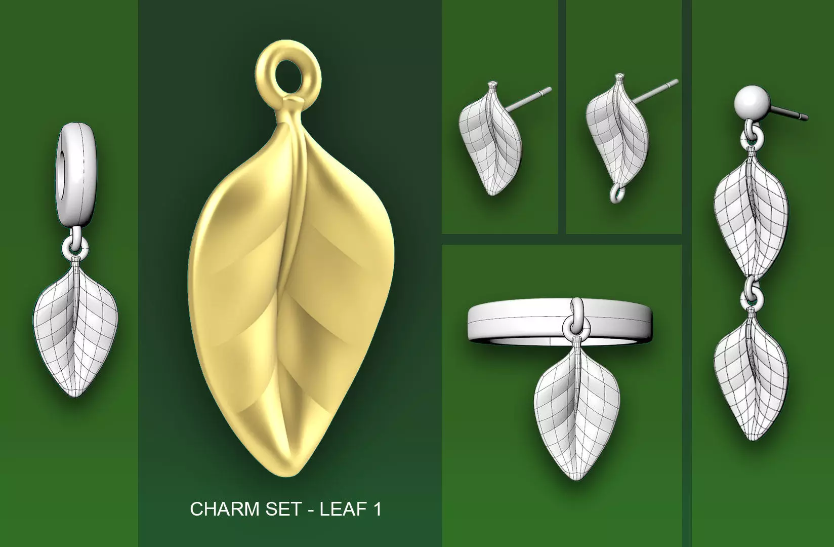 Leaf Charm Set - Leaf Charm for Ring Earrings Bracelet 3D print model_0