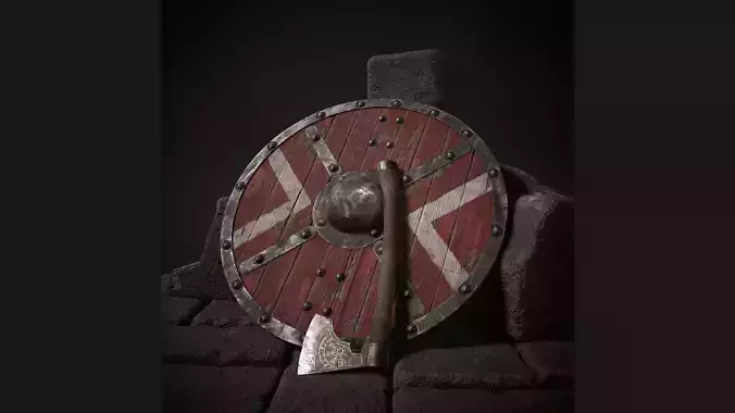 Viking axe and shield with simple ornament