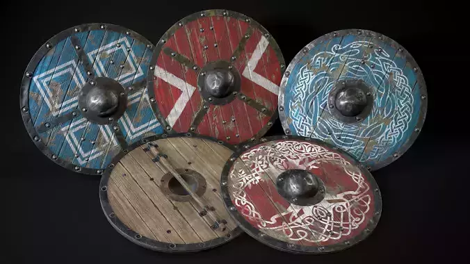 Set of Medieval round viking shield Game ready