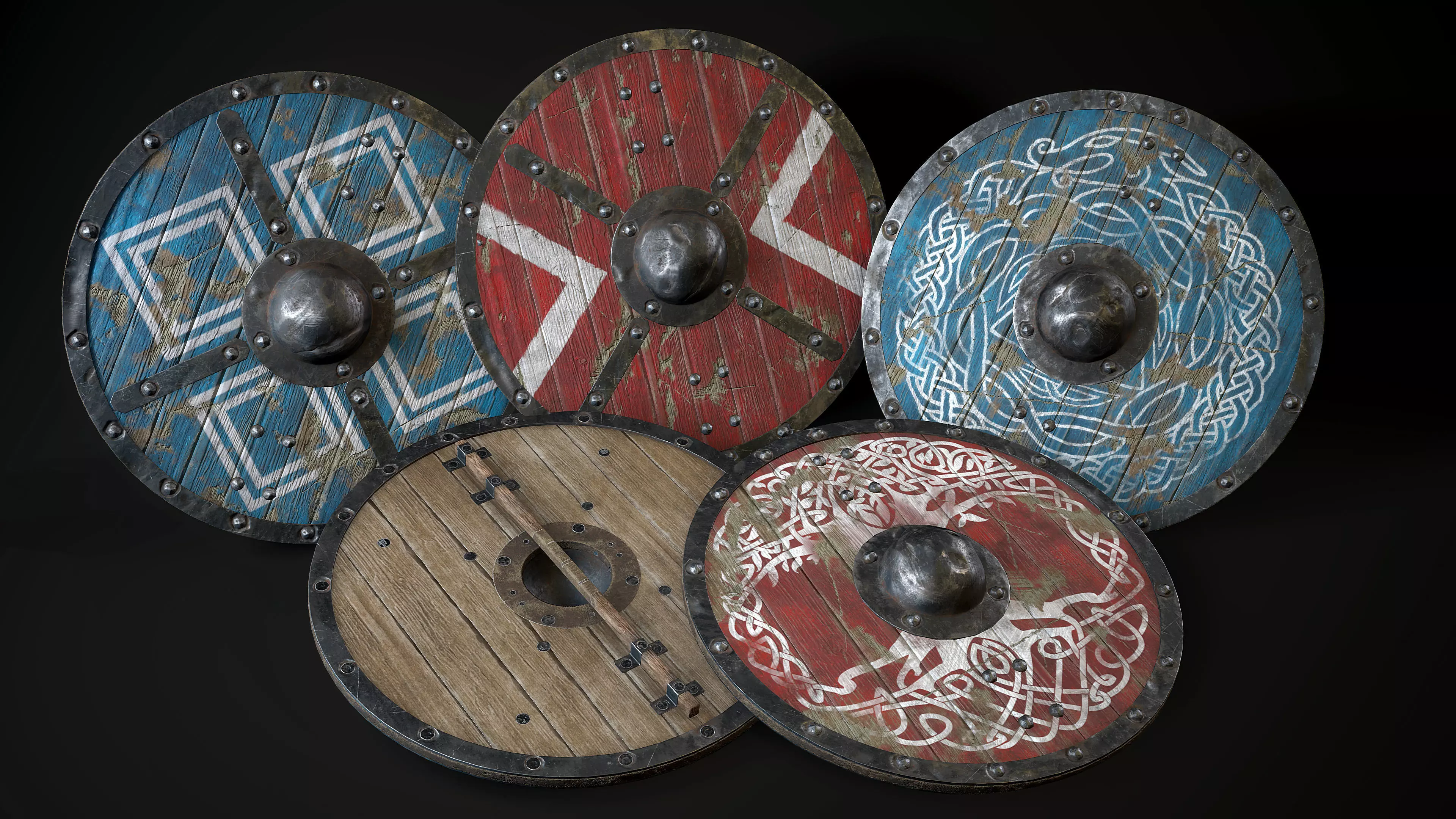 Set of Medieval round viking shield Game ready Low-poly 3D model_0