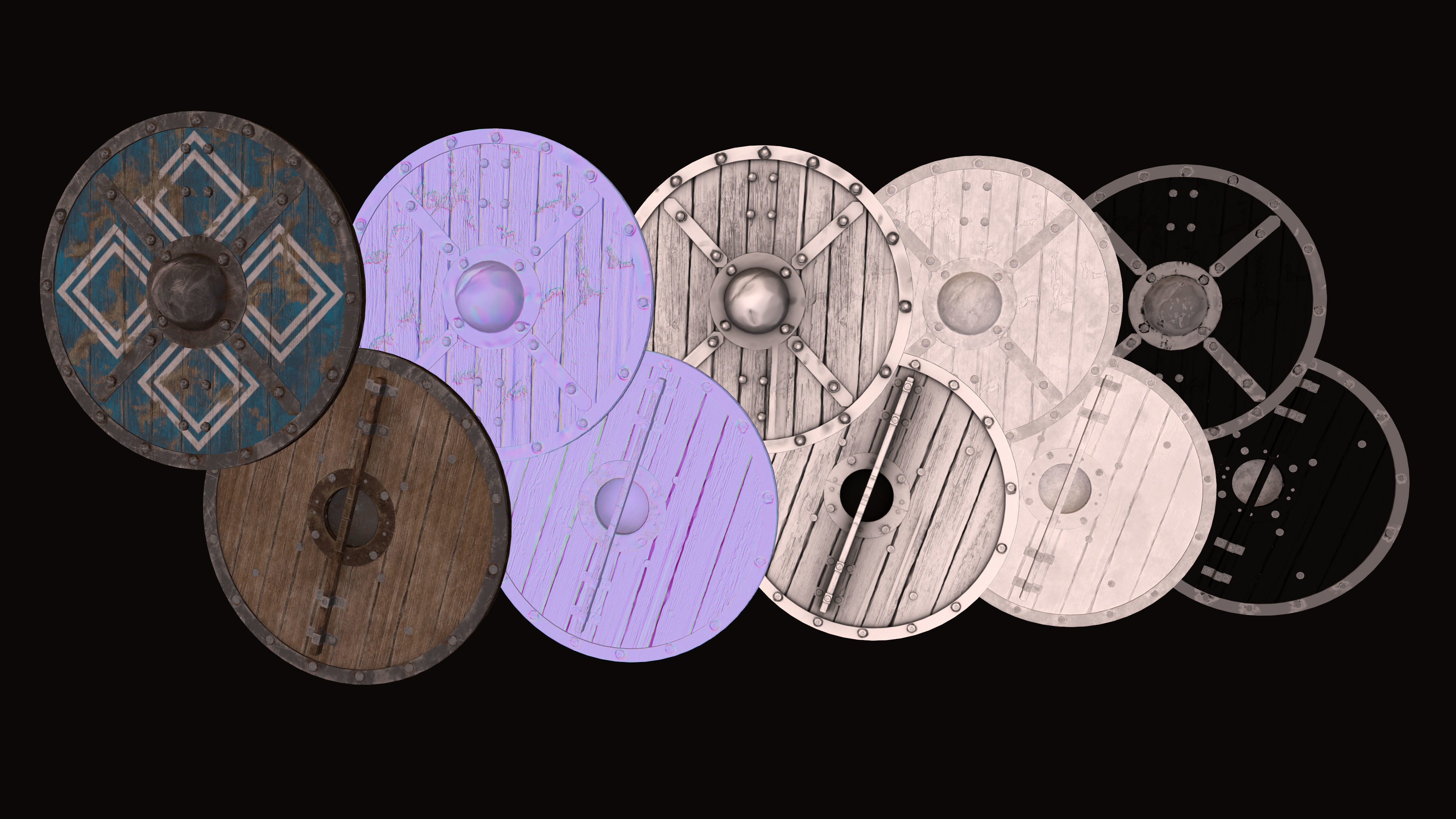 Set of Medieval round viking shield Game ready Low-poly 3D model_20